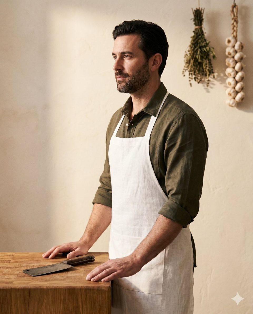 Serhiy, founder of Butcher Bravo, in an apron beside the butcher block