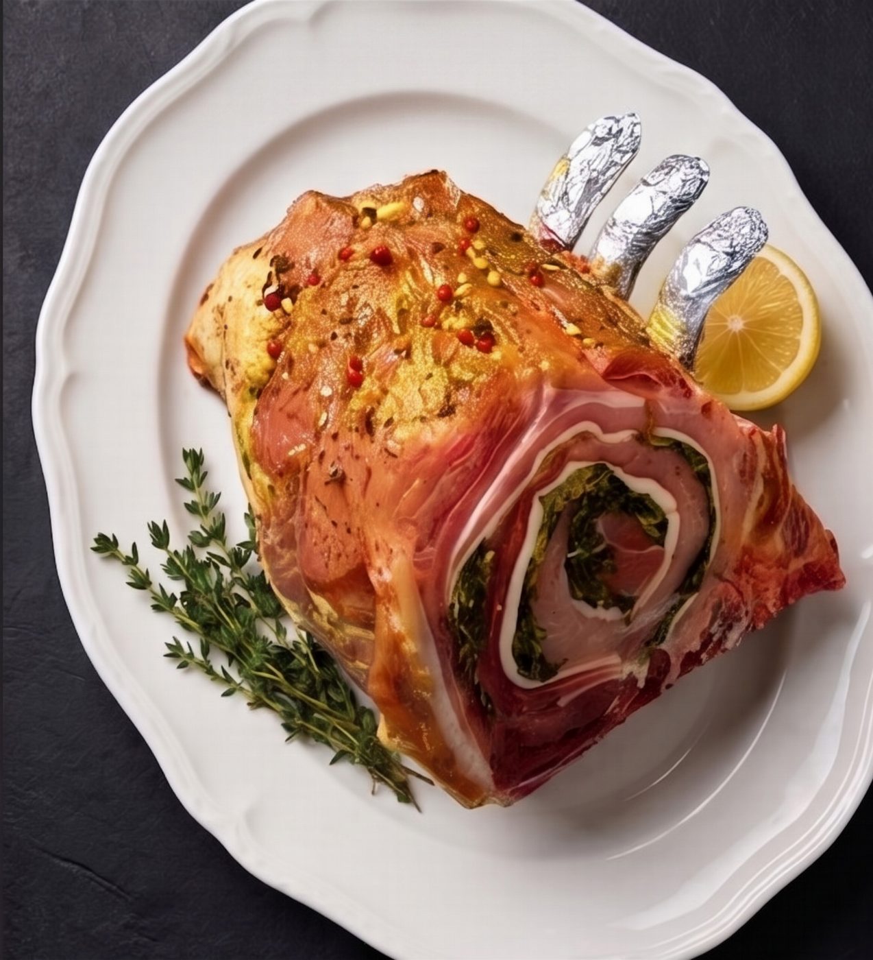 Stuffed pork loin tied with twine, in enamel tray with herbs