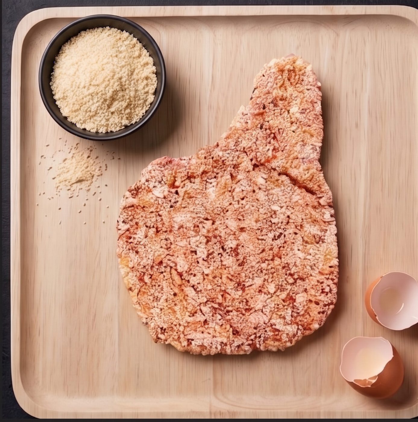 Three breaded pork cutlets on parchment, panko crumbs scattered