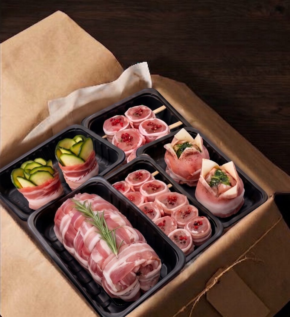 A kraft-paper-lined box of tray-packed pork cuts on dark walnut